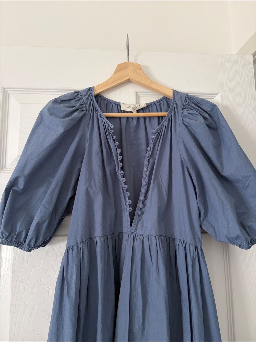 THE GREAT. Dusty Blue Puff-Sleeve button front Dress - Picture 2 of 5